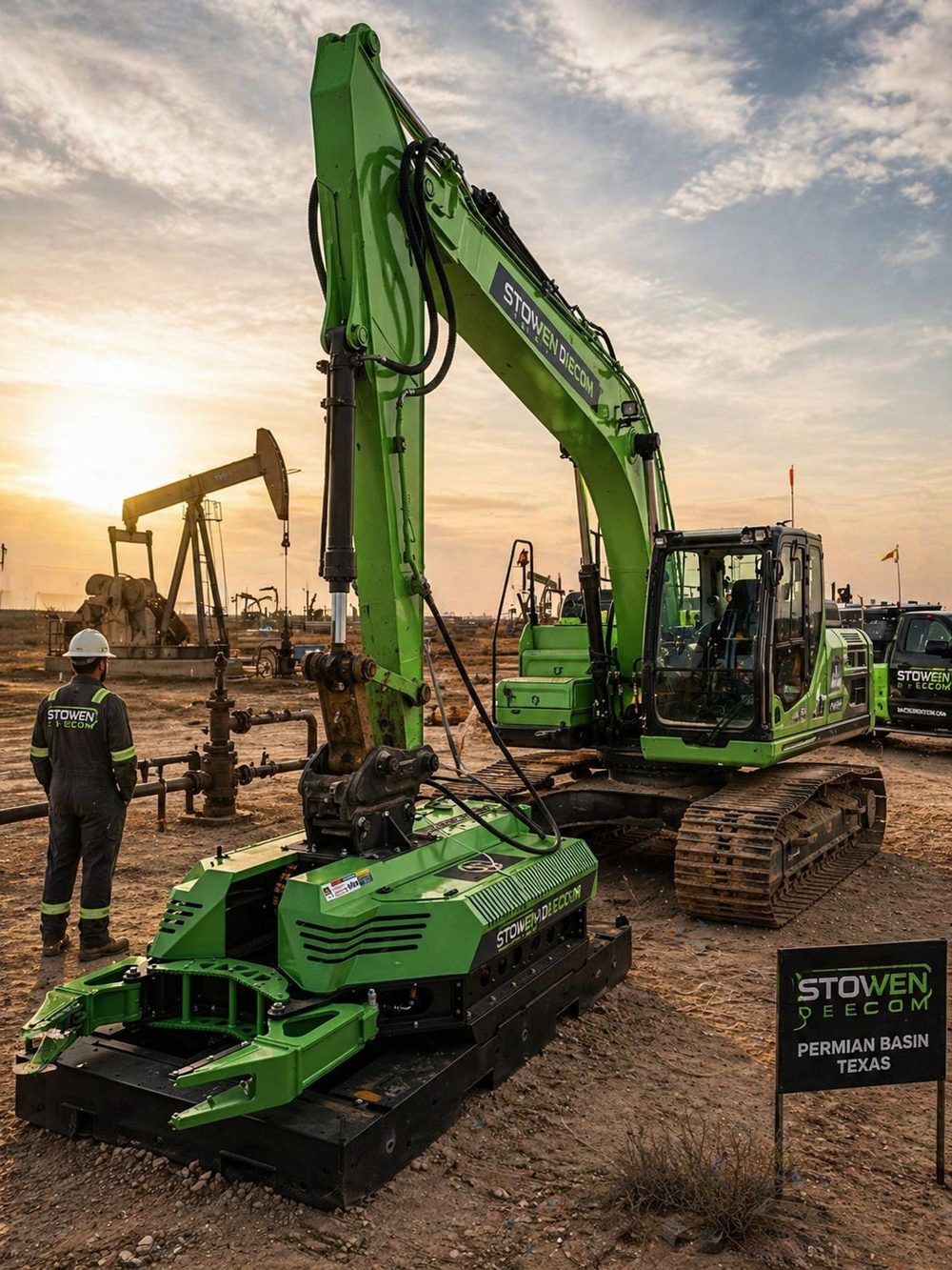 Stowen Decommissioning excavator-mounted cutting and lifting tool severing a wellhead casing at a Permian Basin site